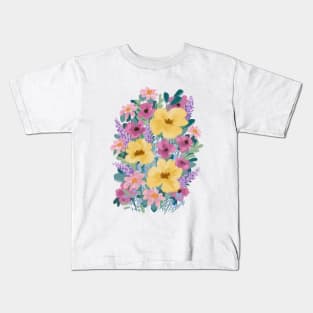 Pink, Yellow And Purple Abstract Wild Flowers Illustration Kids T-Shirt